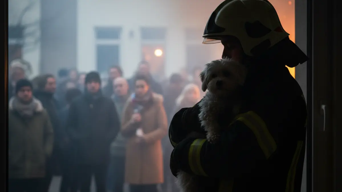 Image of a firefighter rescuing a dog from a house fire in Valencia.