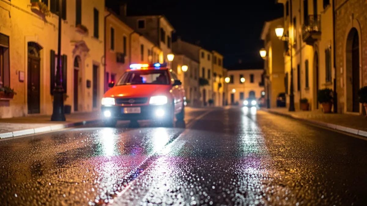 Imatge genèrica de llums d'emergència reflectint-se en asfalt mullat de nit.