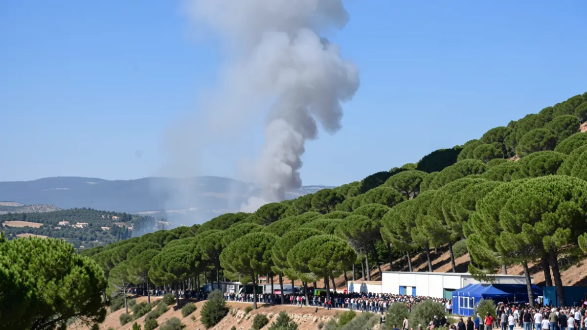 Generic image of smoke rising from a wooded area near an industrial facility.