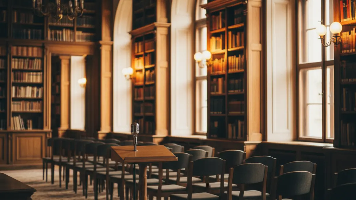Generic image of a library interior with wooden bookshelves and a microphone on a podium.