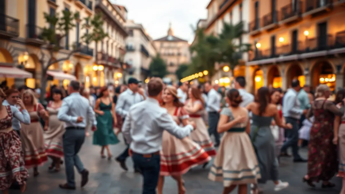 Image of a traditional Valencian 'dansà' in a town square, with blurred figures dancing and warm evening lights.