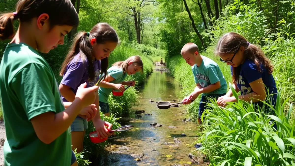 Image of students in a natural park, acting as biologists, examining plants and water.