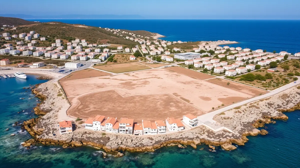 Aerial image of an undeveloped plot near Burriana's port, with residential buildings and the sea in the background.
