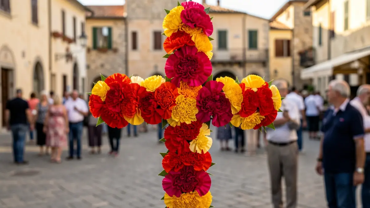 Imatge d'una creu de flors tradicional decorada amb clavells per a les festes de Borriana.