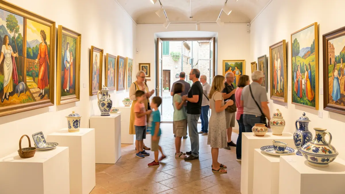 Imatge genèrica d'una exposició d'art infantil i juvenil amb pintures i ceràmiques.