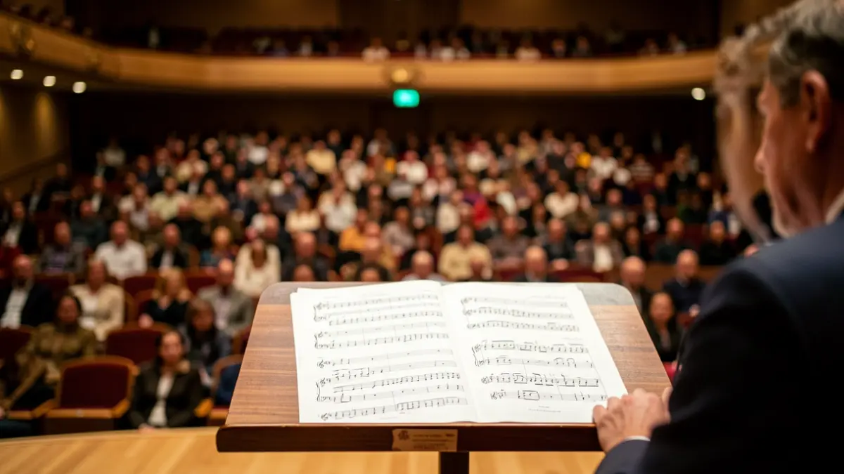 Imagen genérica de un atril con una partitura en una sala de conciertos.