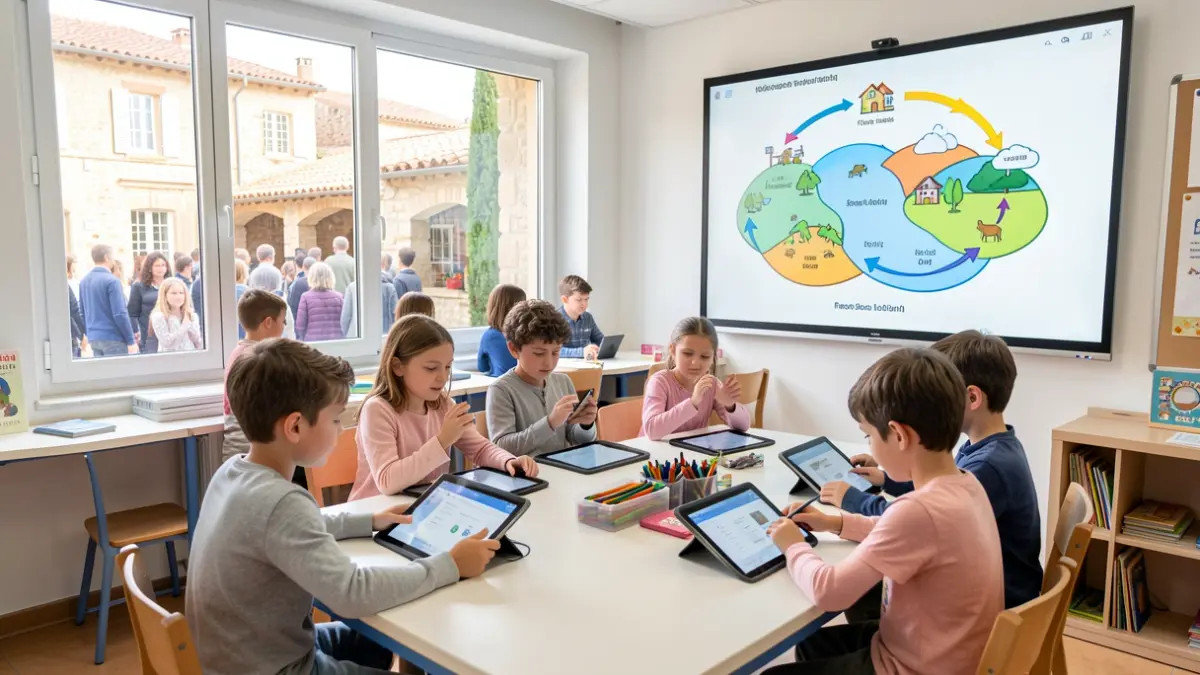 Imatge genèrica d'escolars utilitzant tauletes en una aula amb temàtica del cicle de l'aigua.