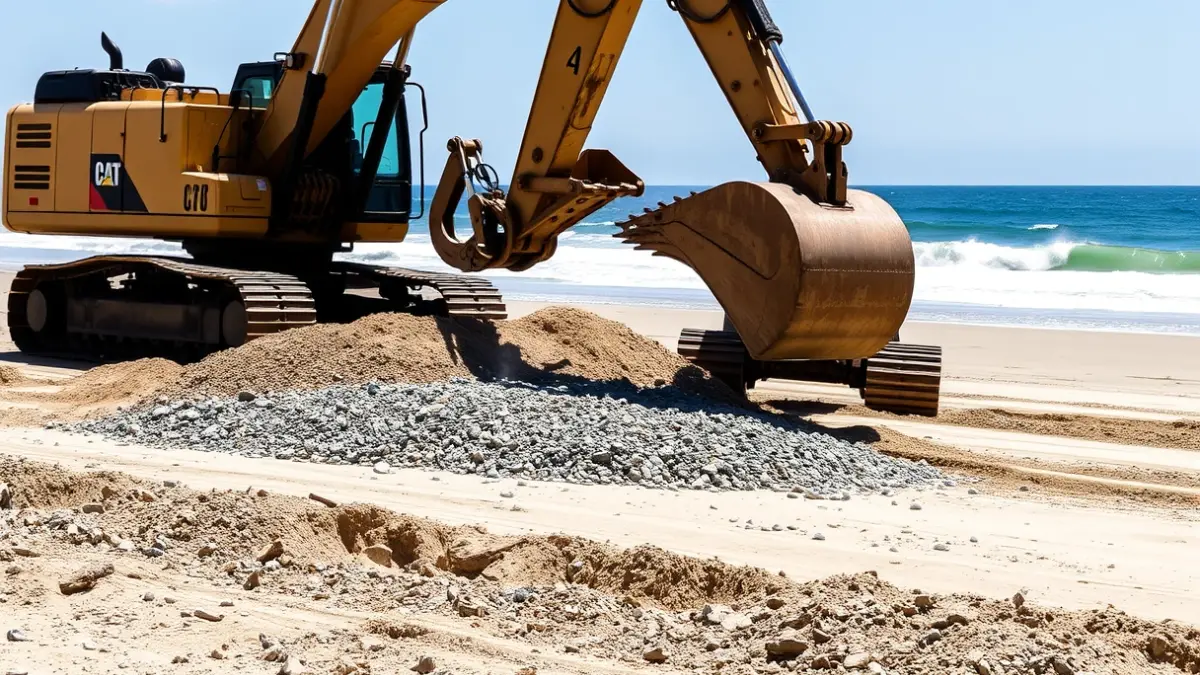Maquinària pesada treballant en una platja per a retirar grava, amb el mar de fons.