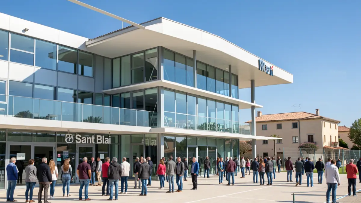 Imagen genérica de un polideportivo moderno con elementos arquitectónicos mediterráneos.