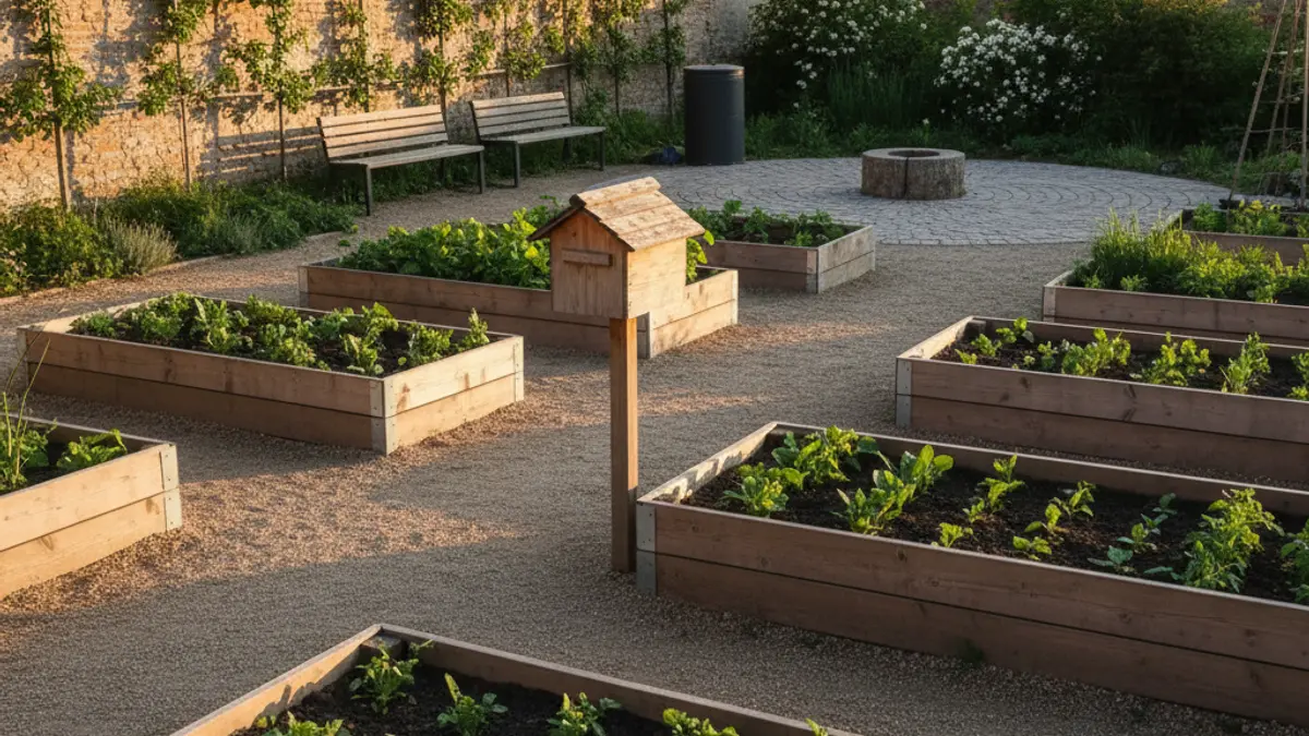 Image of municipal leisure gardens with clean plots and adequate common areas, featuring a suggestion box and a waste container.