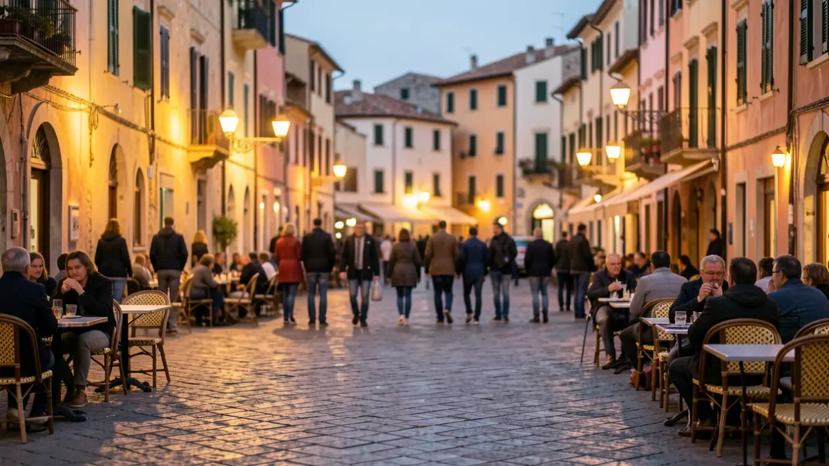 Imagen genérica de una plaza de pueblo mediterráneo al atardecer.