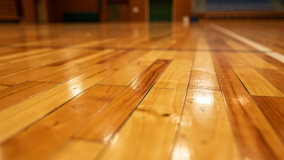 Imatge genèrica d'un paviment esportiu de fusta acabat de renovar.