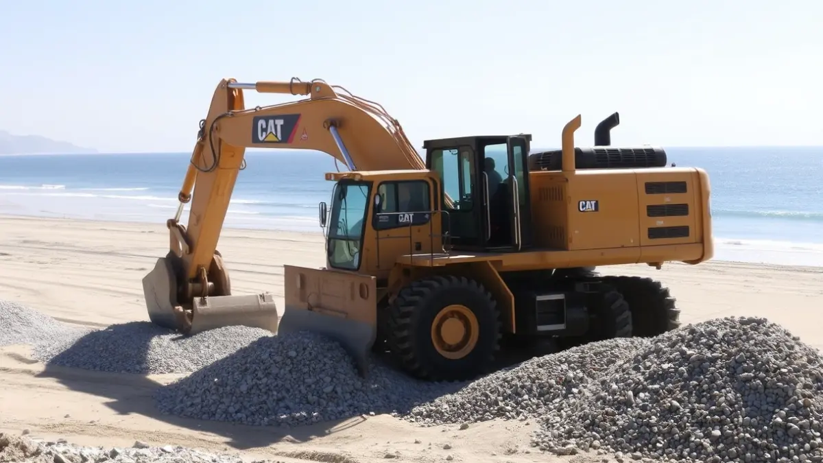 Imagen de una excavadora trabajando en una playa de Burriana, moviendo grava para su adecuación.