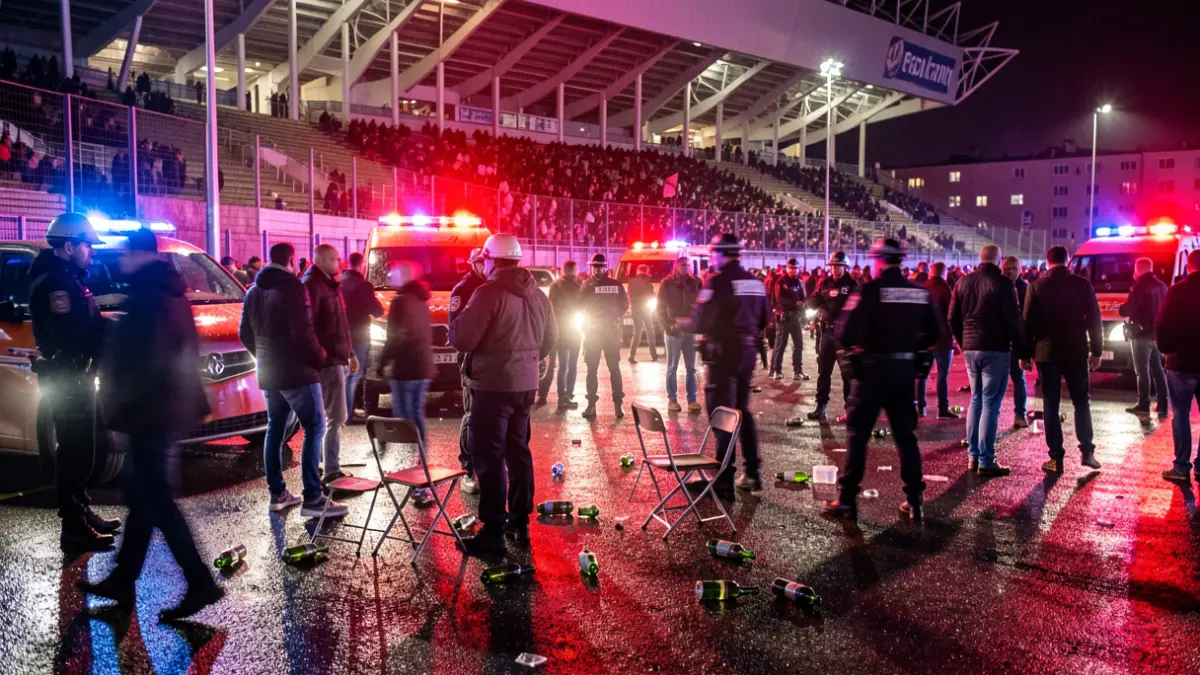 Imatge genèrica d'enfrontaments entre aficionats i policia fora d'un estadi de futbol.