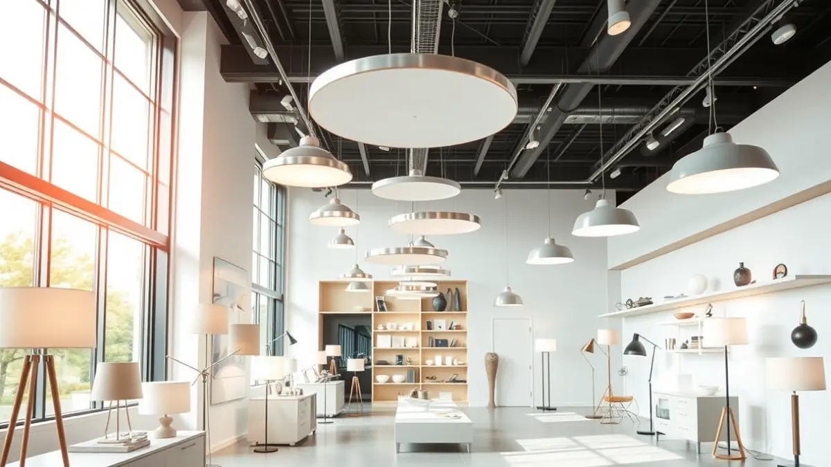 Imatge d'un espai d'exposició de lluminàries arquitectòniques modernes amb llum natural.