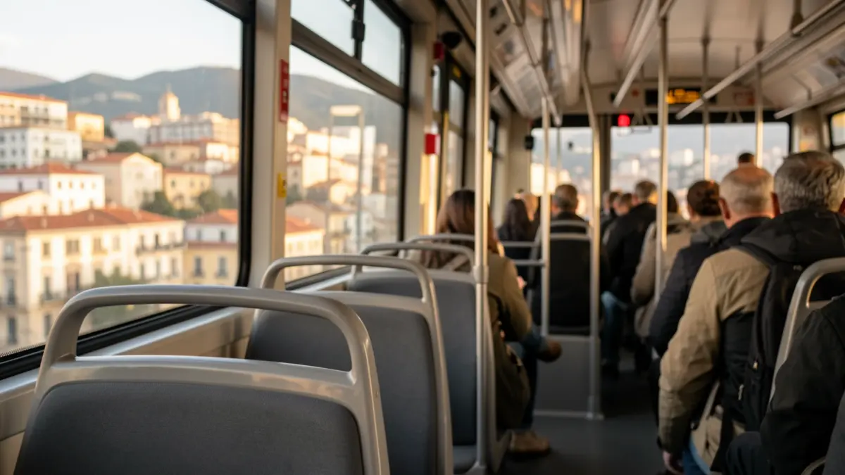 Generic image of the interior of a modern tram with a Mediterranean city in the background.