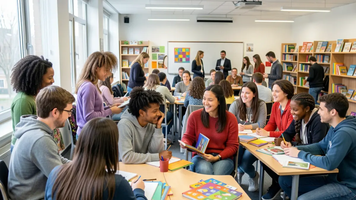 Imatge genèrica de diversos estudiants interactuant en un entorn d'aula multicultural.