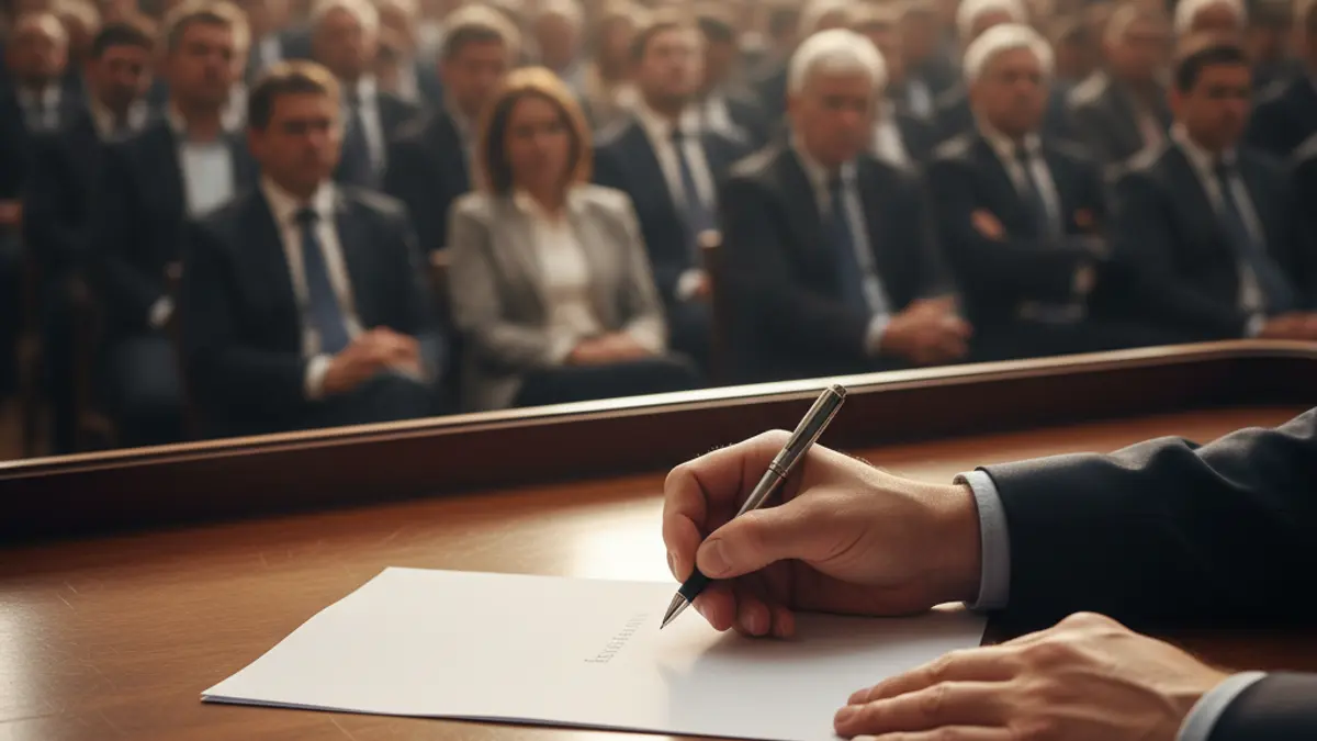 Generic image of hands signing a document on a wooden desk, with blurred figures in the background, representing a decision-making process.