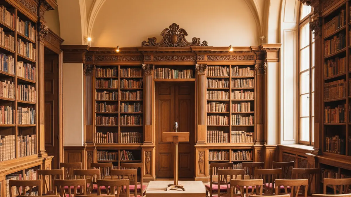 Imagen genérica de un interior de biblioteca con estanterías de madera y un podio, representando un evento cultural.