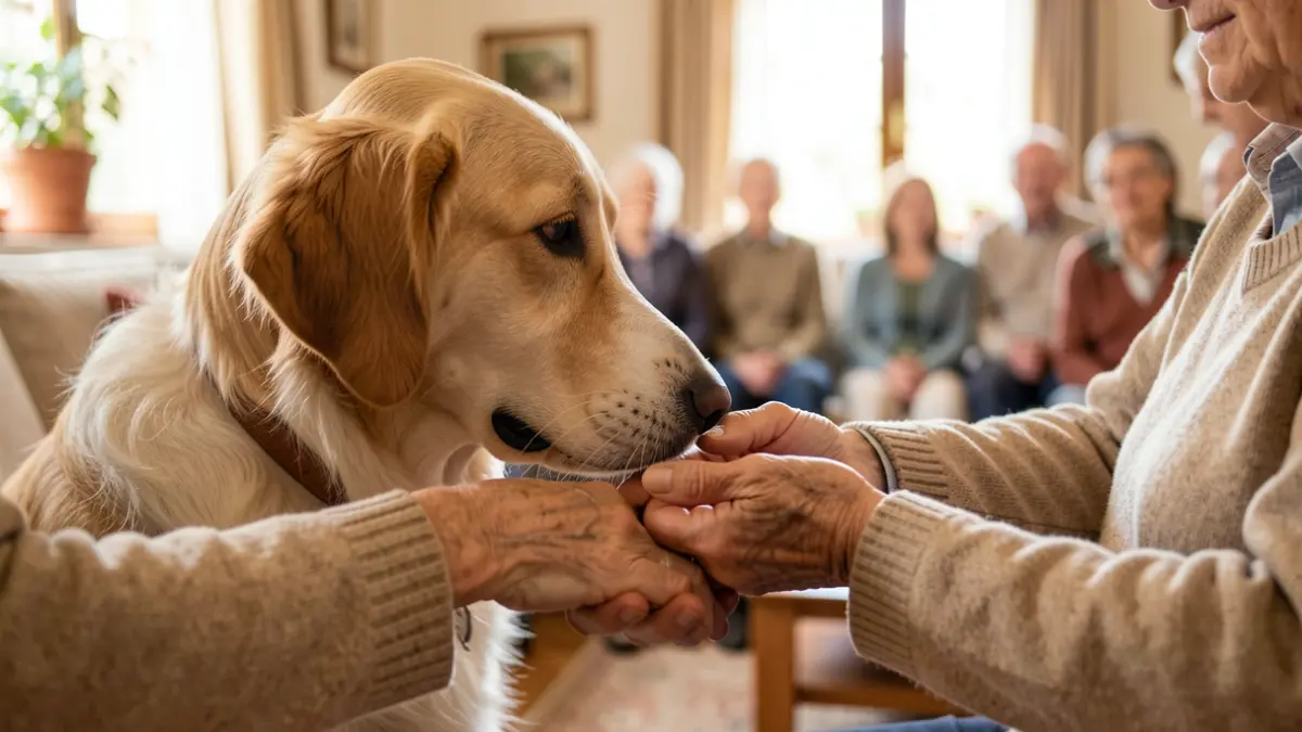 Generic image of a therapy dog accompanying an elderly person in a cozy environment.