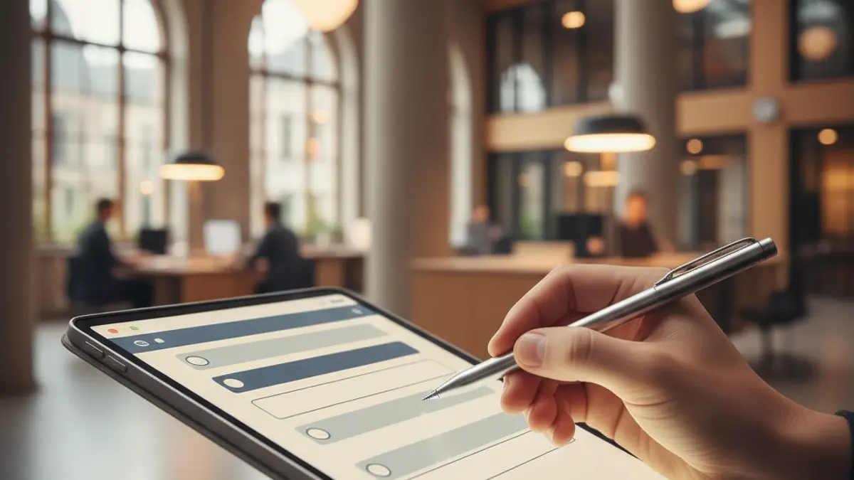 Generic image of a hand writing on a digital tablet, symbolizing online citizen participation.