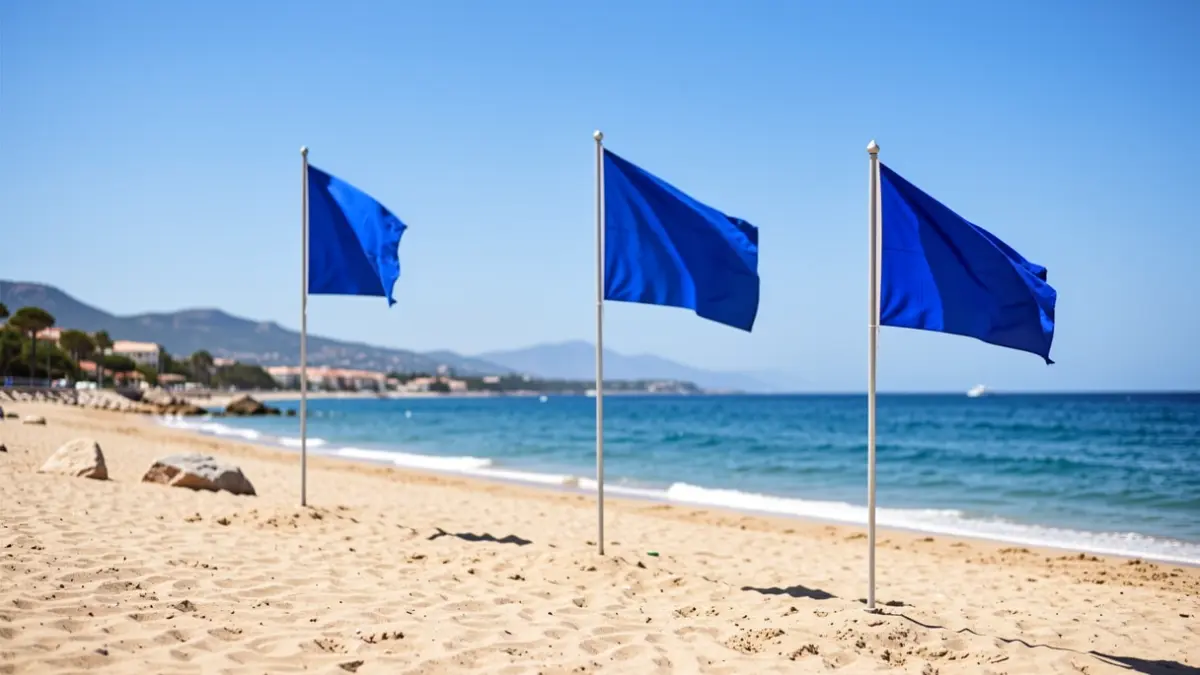 Generic image of three Blue Flags waving on a beach.