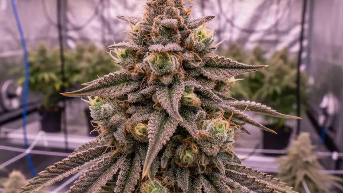 Imatge d'un cabdell de marihuana amb llums de cultiu interior al fons.