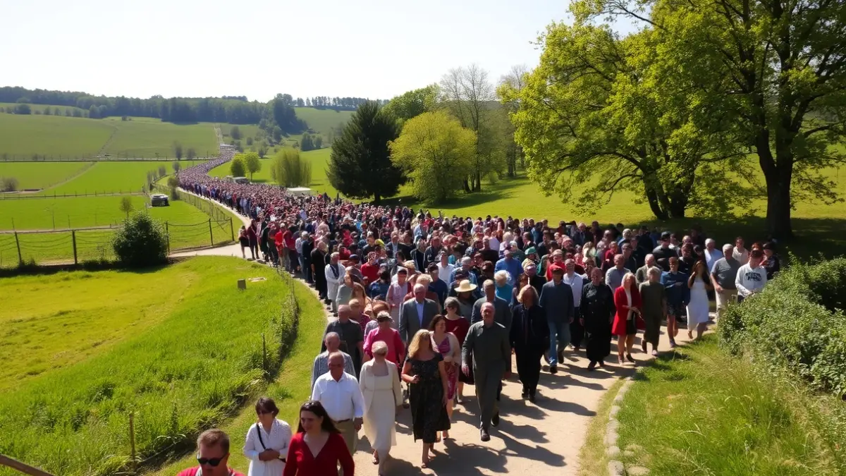 Imagen genérica de una romería multitudinaria en un entorno rural, con gente caminando por un sendero entre campos verdes.