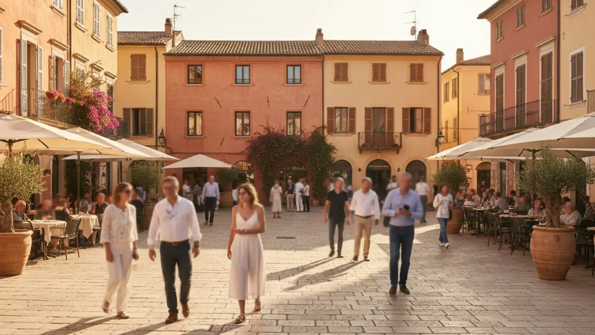 Generic image of a Mediterranean square with pedestrian space and terraces.