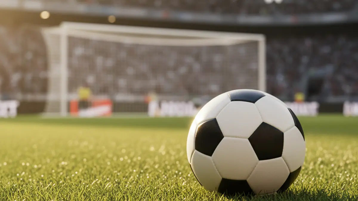 Imatge genèrica d'una pilota de futbol en la gespa d'un camp, amb la porteria desenfocada al fons.