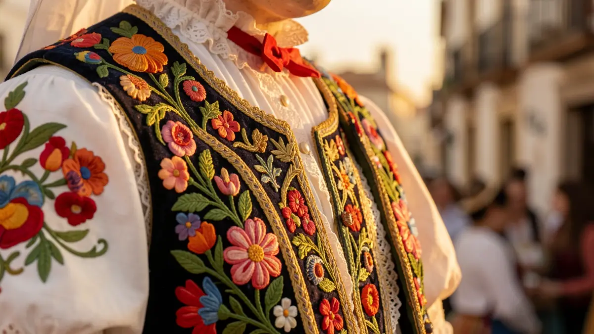 Detall d'un vestit tradicional faller amb brodats i flors.