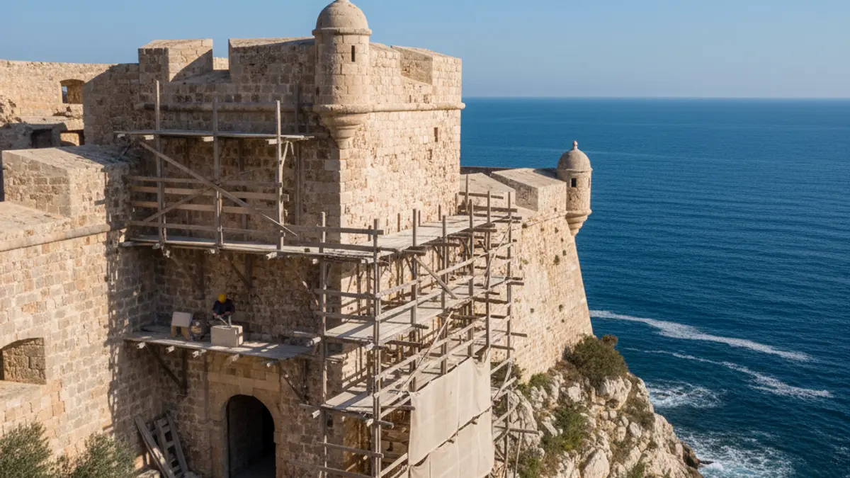 Imatge del Fort de Bèrnia en restauració, amb elements arquitectònics destacats.