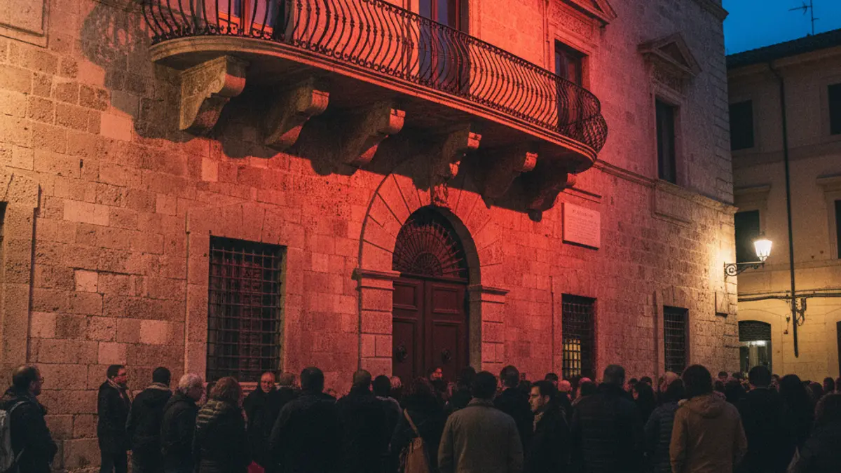 Facade of Calp town hall illuminated in red to celebrate World Red Cross Day.