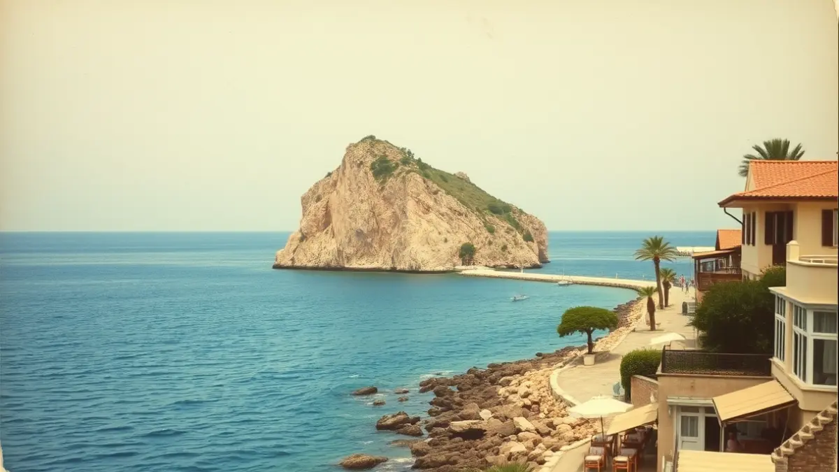 Archive image of Calp in the 1950s, with the Peñón de Ifach in the background and the first tourist buildings.