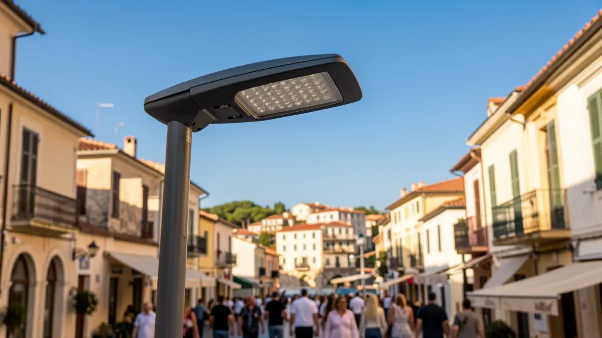 Imagen genérica de una farola LED moderna en un entorno urbano mediterráneo.