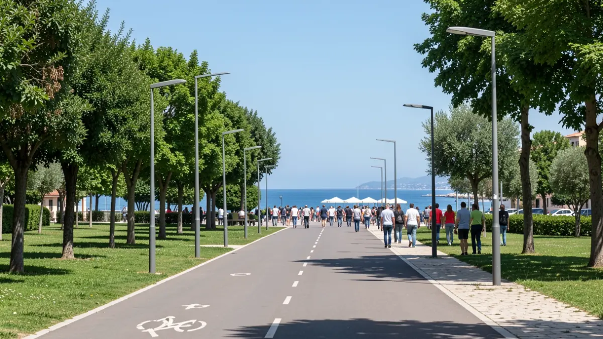 Imagen genérica de un camino ciclopeatonal conectando un parque urbano con la fachada marítima.