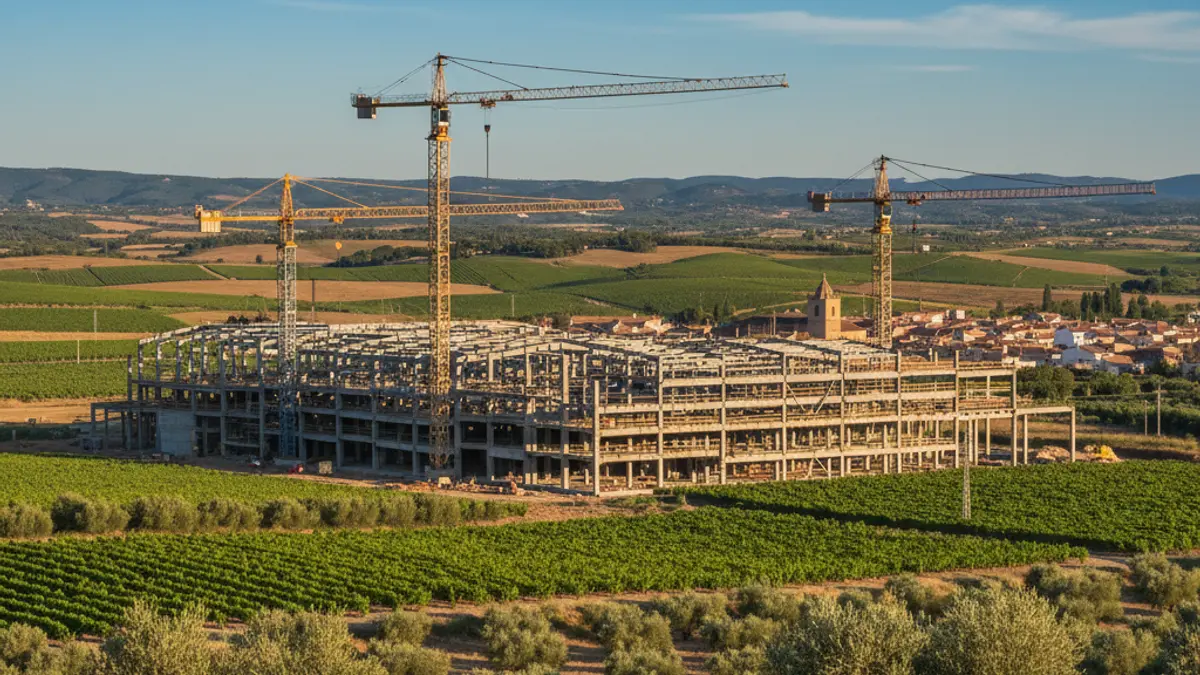 Imagen de un complejo industrial en construcción en un paisaje rural valenciano.