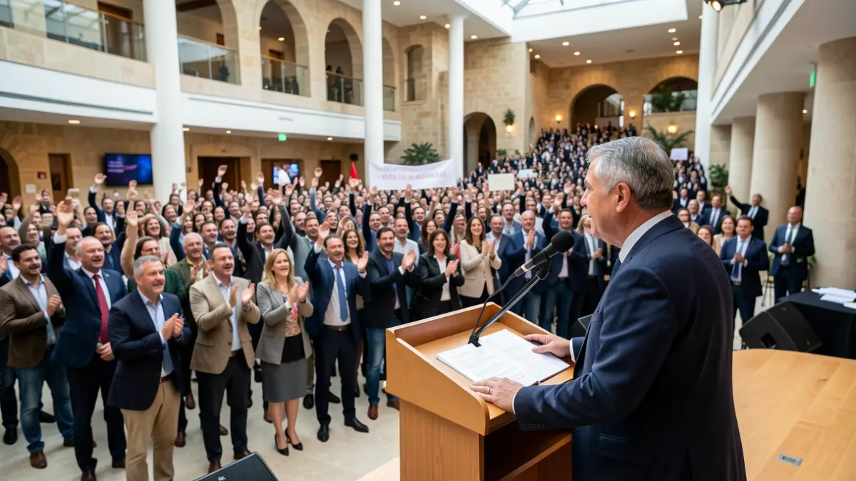 Imatge genèrica d'un acte polític a València amb un orador i simpatitzants.