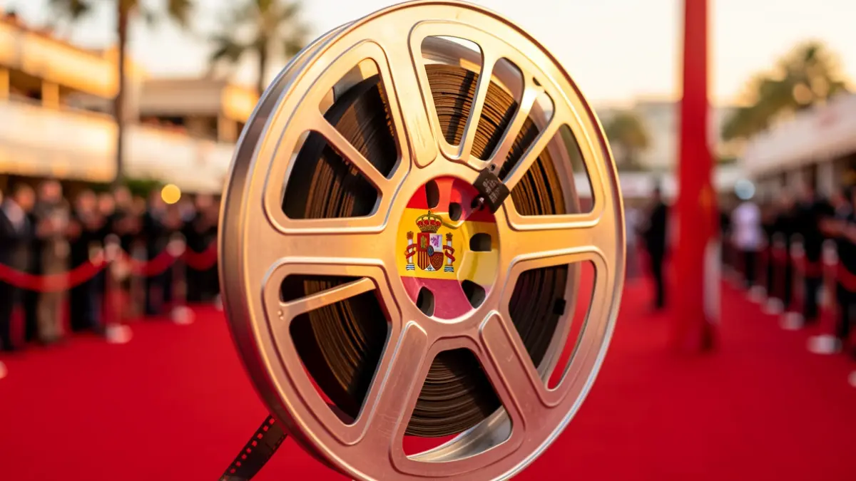 Imatge genèrica d'un rodet de pel·lícula amb la bandera espanyola i el Festival de Cannes al fons.
