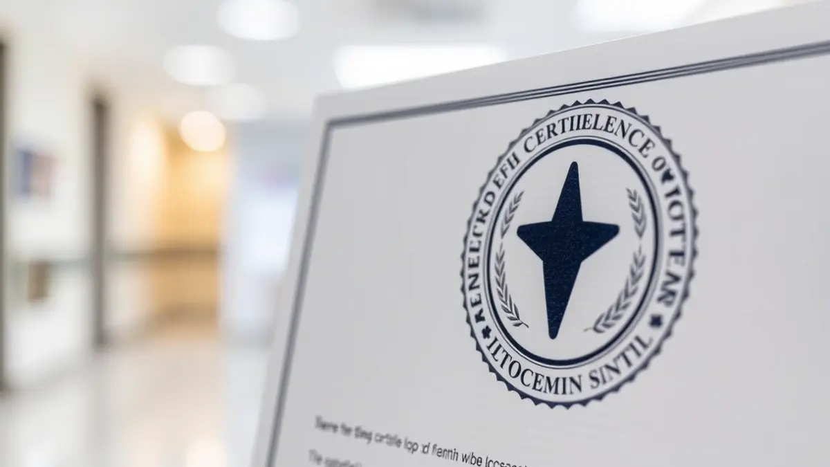 Imatge genèrica d'un document de certificació mèdica amb un segell d'excel·lència, amb un fons d'hospital desenfocat.