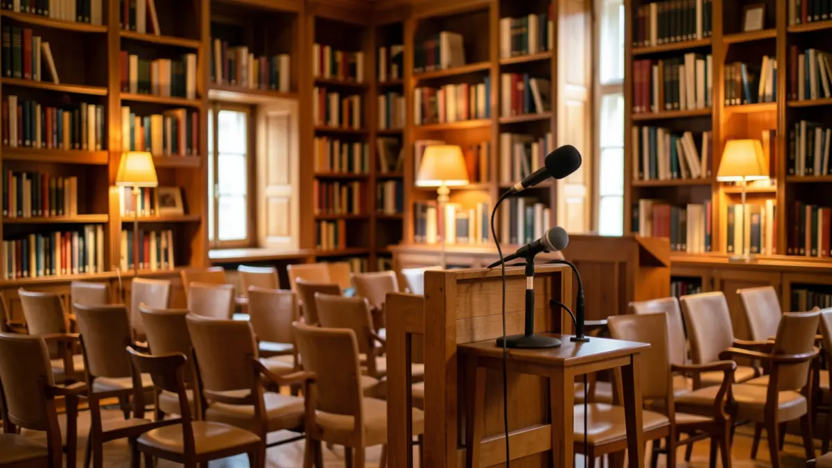 Imatge genèrica d'una sala d'actes preparada per a una presentació literària.