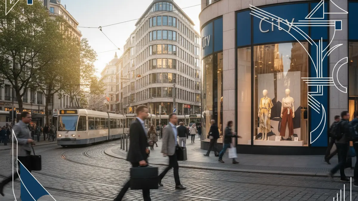 Imatge d'una cantonada urbana amb trànsit de vianants i edificis d'oficines, amb un establiment comercial en primer pla.