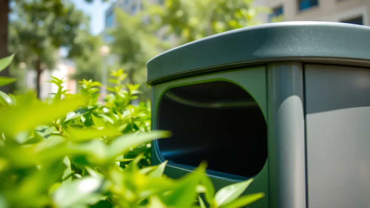 Generic image of a modern waste container with a camera, in a sunny urban environment.