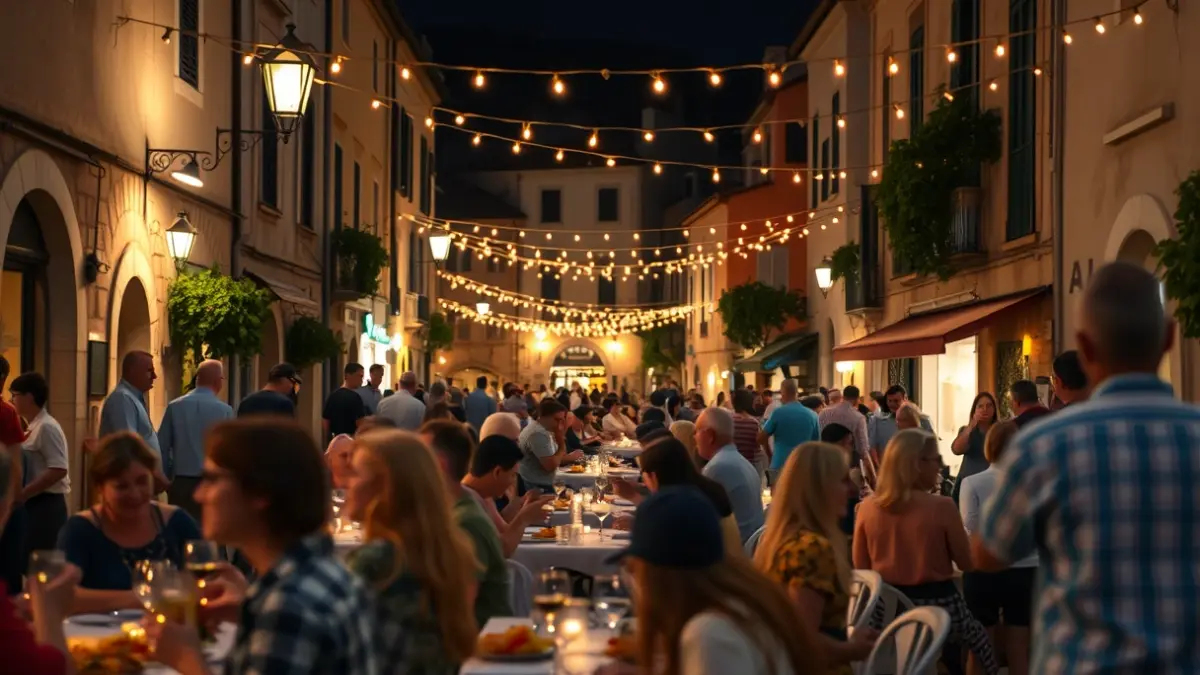 Generic image of a popular street dinner at night, with lights and people enjoying the festivities.