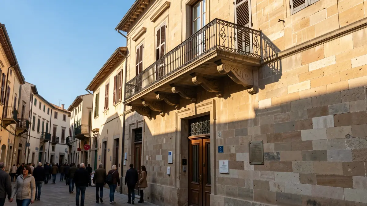 Generic image of a municipal building with a balcony and iron railings, lit by the afternoon sun.