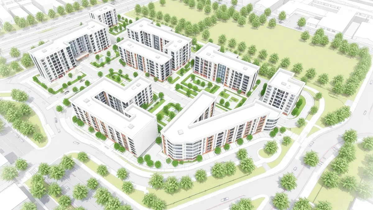 Image of an architectural blueprint of a modern residential development, featuring buildings and green areas.