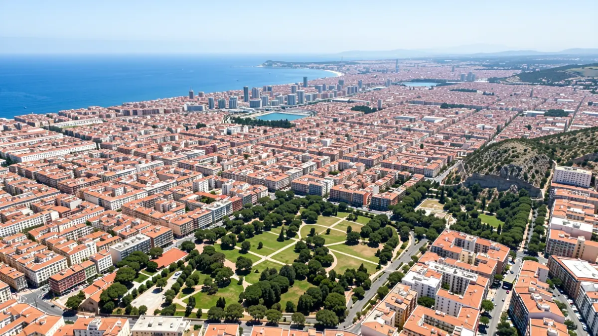 Aerial view of Castelló city with the Mediterranean coast in the background.