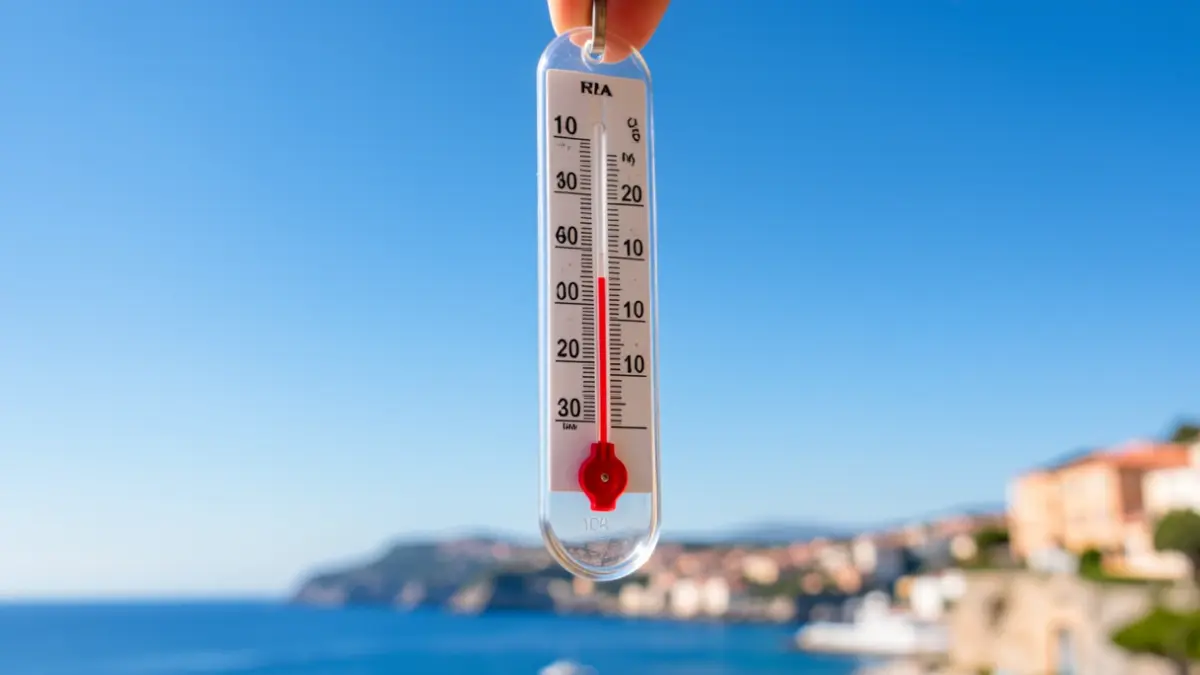 Thermometer showing high temperatures with a blue sky and Mediterranean coast in the background.