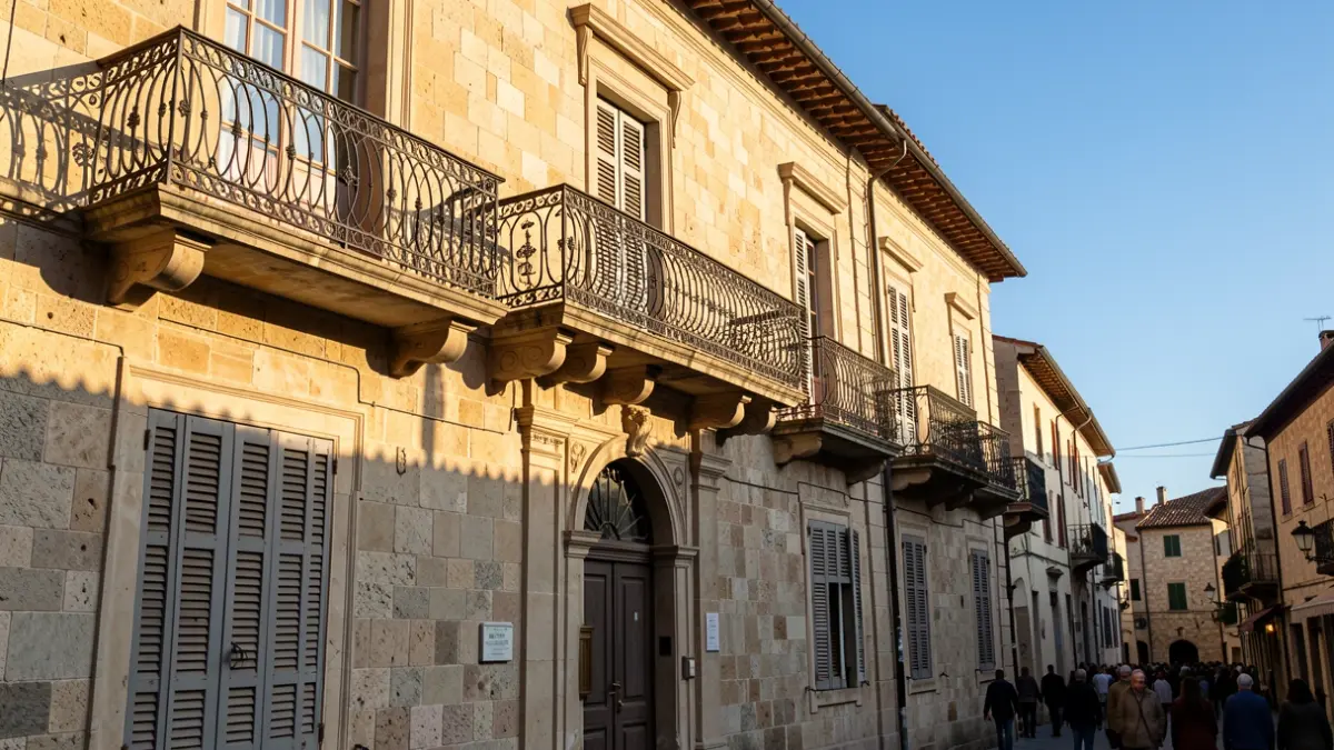 Fachada de un ayuntamiento mediterráneo con balcón de hierro, luz de tarde.