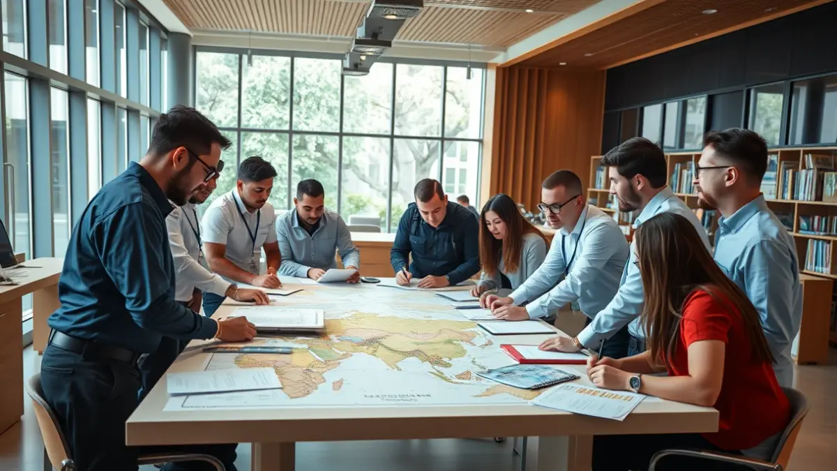Imagen de un grupo de profesionales y estudiantes colaborando en una mesa con mapas y documentos en un centro educativo.